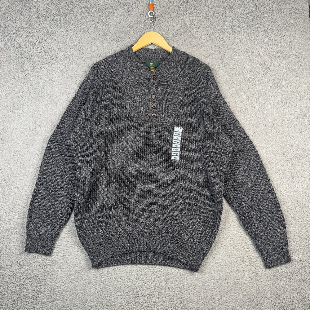 Club Room Sweater Men Large Gray Vintage Cable Knit Henley 100% Cotton Deadstock